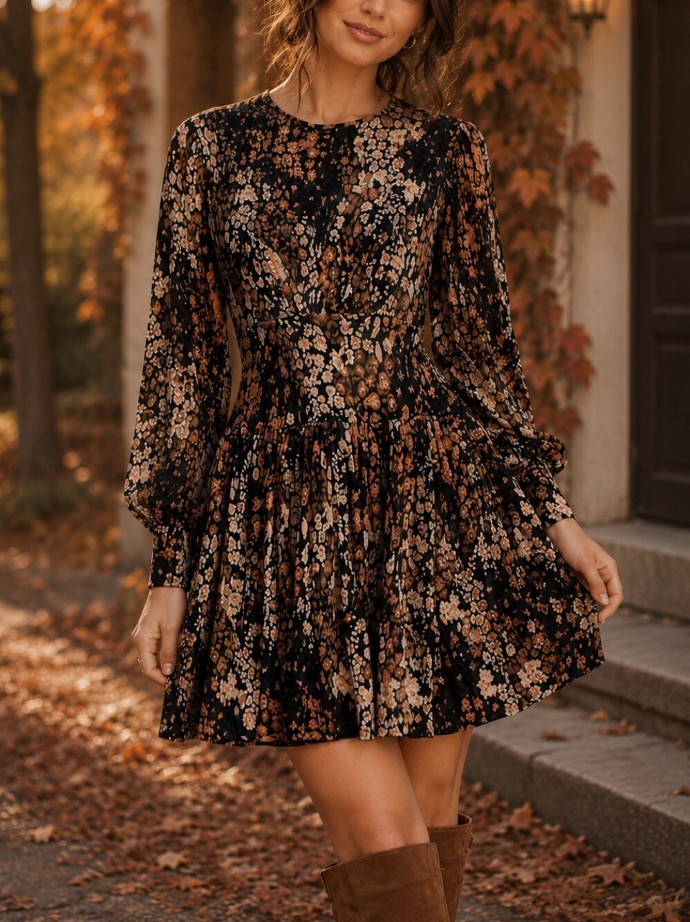 Free People Heartbeats Long Sleeve Floral Mini Dress Black Combo Boho Skater